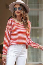 Load image into Gallery viewer, Fiery Red Contrast Trimmed Striped Drop Shoulder Sweater - Fashion Queen - 3