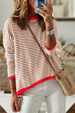 Load image into Gallery viewer, Fiery Red Contrast Trimmed Striped Drop Shoulder Sweater - Fashion Queen - 30