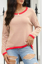 Load image into Gallery viewer, Fiery Red Contrast Trimmed Striped Drop Shoulder Sweater - Fashion Queen - 4