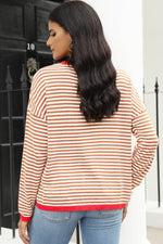 Load image into Gallery viewer, Fiery Red Contrast Trimmed Striped Drop Shoulder Sweater - Fashion Queen - 5