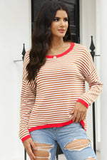 Load image into Gallery viewer, Fiery Red Contrast Trimmed Striped Drop Shoulder Sweater - Fashion Queen - 6