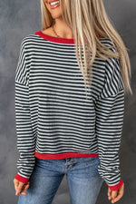 Load image into Gallery viewer, Fiery Red Contrast Trimmed Striped Drop Shoulder Sweater - Fashion Queen - 7