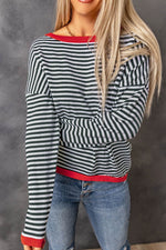 Load image into Gallery viewer, Fiery Red Contrast Trimmed Striped Drop Shoulder Sweater - Fashion Queen - 9