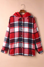 Load image into Gallery viewer, Fiery Red Hooded Plaid Button Front Shacket - Fashion Queen - 11