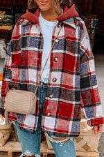Load image into Gallery viewer, Fiery Red Hooded Plaid Button Front Shacket - Fashion Queen - 3
