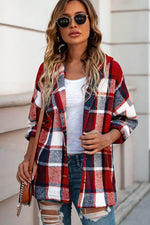 Load image into Gallery viewer, Fiery Red Hooded Plaid Button Front Shacket - Fashion Queen - 4