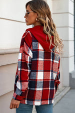 Load image into Gallery viewer, Fiery Red Hooded Plaid Button Front Shacket - Fashion Queen - 5