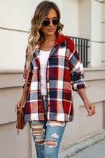 Load image into Gallery viewer, Fiery Red Hooded Plaid Button Front Shacket - Fashion Queen - 7