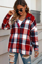 Load image into Gallery viewer, Fiery Red Hooded Plaid Button Front Shacket - Fashion Queen - 8