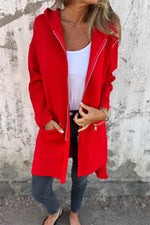 Load image into Gallery viewer, Fiery Red Solid Color Casual Zip up Hooded Coat - Fashion Queen - 3