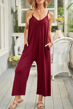 Load image into Gallery viewer, Fiery Red Spaghetti Straps Wide Leg Pocketed Jumpsuits - Fashion Queen - 1
