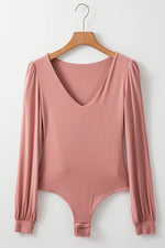 Load image into Gallery viewer, Fushia Plain V neck Long Sleeve Casual Bodysuit - Fashion Queen - 7