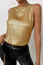 Load image into Gallery viewer, Gold Metal Textured Round Neck Casual Tank Top - Fashion Queen - 2