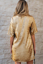 Load image into Gallery viewer, Gold Metallic Luster Crewneck Mini T-Shirt Dress - Fashion Queen - 2