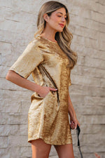Load image into Gallery viewer, Gold Metallic Luster Crewneck Mini T-Shirt Dress - Fashion Queen - 3