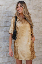 Load image into Gallery viewer, Gold Metallic Luster Crewneck Mini T-Shirt Dress - Fashion Queen - 4
