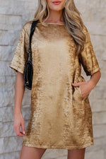 Load image into Gallery viewer, Gold Metallic Luster Crewneck Mini T-Shirt Dress - Fashion Queen - 6