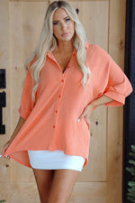 Load image into Gallery viewer, Grapefruit Orange Corded Half Sleeve Button Up High Low Hem Loose Shirt - Fashion Queen - 1