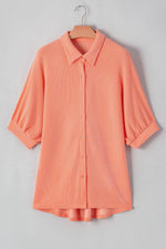Load image into Gallery viewer, Grapefruit Orange Corded Half Sleeve Button Up High Low Hem Loose Shirt - Fashion Queen - 10