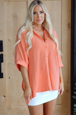 Load image into Gallery viewer, Grapefruit Orange Corded Half Sleeve Button Up High Low Hem Loose Shirt - Fashion Queen - 3