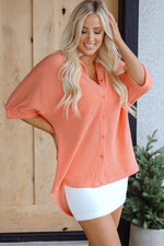 Load image into Gallery viewer, Grapefruit Orange Corded Half Sleeve Button Up High Low Hem Loose Shirt - Fashion Queen - 4