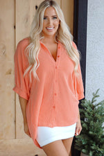 Load image into Gallery viewer, Grapefruit Orange Corded Half Sleeve Button Up High Low Hem Loose Shirt - Fashion Queen - 5