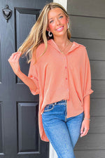 Load image into Gallery viewer, Grapefruit Orange Corded Half Sleeve Button Up High Low Hem Loose Shirt - Fashion Queen - 9