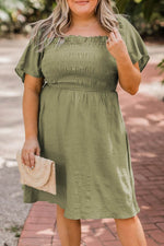 Load image into Gallery viewer, Grass Green Frilly Square Neck Flutter Sleeve Smocked High Waist Plus Size Dress - Fashion Queen - 1