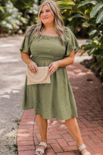 Load image into Gallery viewer, Grass Green Frilly Square Neck Flutter Sleeve Smocked High Waist Plus Size Dress - Fashion Queen - 3
