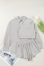 Load image into Gallery viewer, Gray 3 Pcs Crop Tank Top Shorts with Cardigan Lounge Set - Fashion Queen - 1