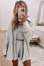 Load image into Gallery viewer, Gray 3 Pcs Crop Tank Top Shorts with Cardigan Lounge Set - Fashion Queen - 15