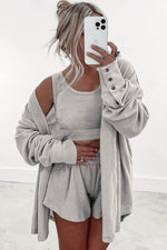 Load image into Gallery viewer, Gray 3 Pcs Crop Tank Top Shorts with Cardigan Lounge Set - Fashion Queen - 16
