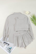 Load image into Gallery viewer, Gray 3 Pcs Crop Tank Top Shorts with Cardigan Lounge Set - Fashion Queen - 2