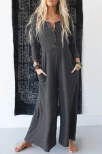 Load image into Gallery viewer, Gray Button Long Sleeve Wide Leg Jumpsuit - Fashion Queen - 1