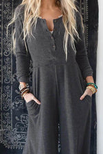 Load image into Gallery viewer, Gray Button Long Sleeve Wide Leg Jumpsuit - Fashion Queen - 2