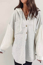 Load image into Gallery viewer, Gray Button Up Contrast Knitted Sleeves Hooded Jacket - Fashion Queen - 10