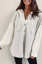 Load image into Gallery viewer, Gray Button Up Contrast Knitted Sleeves Hooded Jacket - Fashion Queen - 11