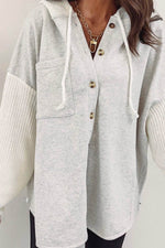 Load image into Gallery viewer, Gray Button Up Contrast Knitted Sleeves Hooded Jacket - Fashion Queen - 12