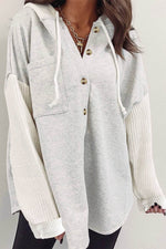 Load image into Gallery viewer, Gray Button Up Contrast Knitted Sleeves Hooded Jacket - Fashion Queen - 7