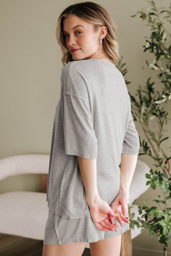 Gray Solid Color Loose Tee 2 Piece Shorts Set - Fashion Queen -  6