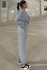 Load image into Gallery viewer, Gray Solid Drop Shoulder Hoodie and Joggers Activewear Set - Fashion Queen - 3