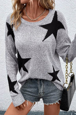 Load image into Gallery viewer, Gray Star Pattern Drop Shoulder Sweater - Fashion Queen - 3