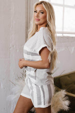Load image into Gallery viewer, Gray Stripe Mixed Print Short Sleeve Top and Pocketed Shorts Set - Fashion Queen - 16