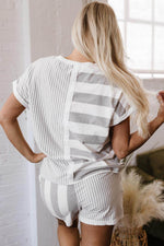 Load image into Gallery viewer, Gray Stripe Mixed Print Short Sleeve Top and Pocketed Shorts Set - Fashion Queen - 17