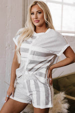 Load image into Gallery viewer, Gray Stripe Mixed Print Short Sleeve Top and Pocketed Shorts Set - Fashion Queen - 18