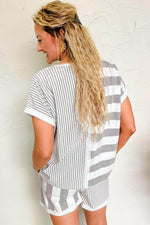 Load image into Gallery viewer, Gray Stripe Mixed Print Short Sleeve Top and Pocketed Shorts Set - Fashion Queen - 2
