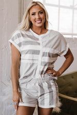 Load image into Gallery viewer, Gray Stripe Mixed Print Short Sleeve Top and Pocketed Shorts Set - Fashion Queen - 21