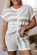 Load image into Gallery viewer, Gray Stripe Mixed Print Short Sleeve Top and Pocketed Shorts Set - Fashion Queen - 22