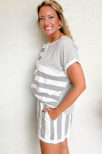 Load image into Gallery viewer, Gray Stripe Mixed Print Short Sleeve Top and Pocketed Shorts Set - Fashion Queen - 3