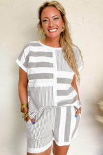 Load image into Gallery viewer, Gray Stripe Mixed Print Short Sleeve Top and Pocketed Shorts Set - Fashion Queen - 4